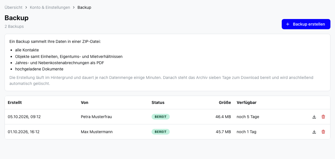 Die Seite „Backup“ mit der Schaltfläche „Backup erstellen“ und der Liste der erstellten Archive