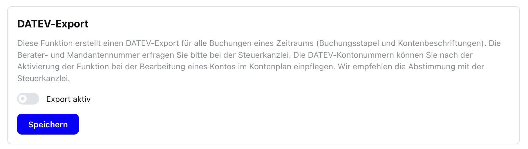 Die Karte „DATEV-Export“ mit ausgeschaltetem Schalter