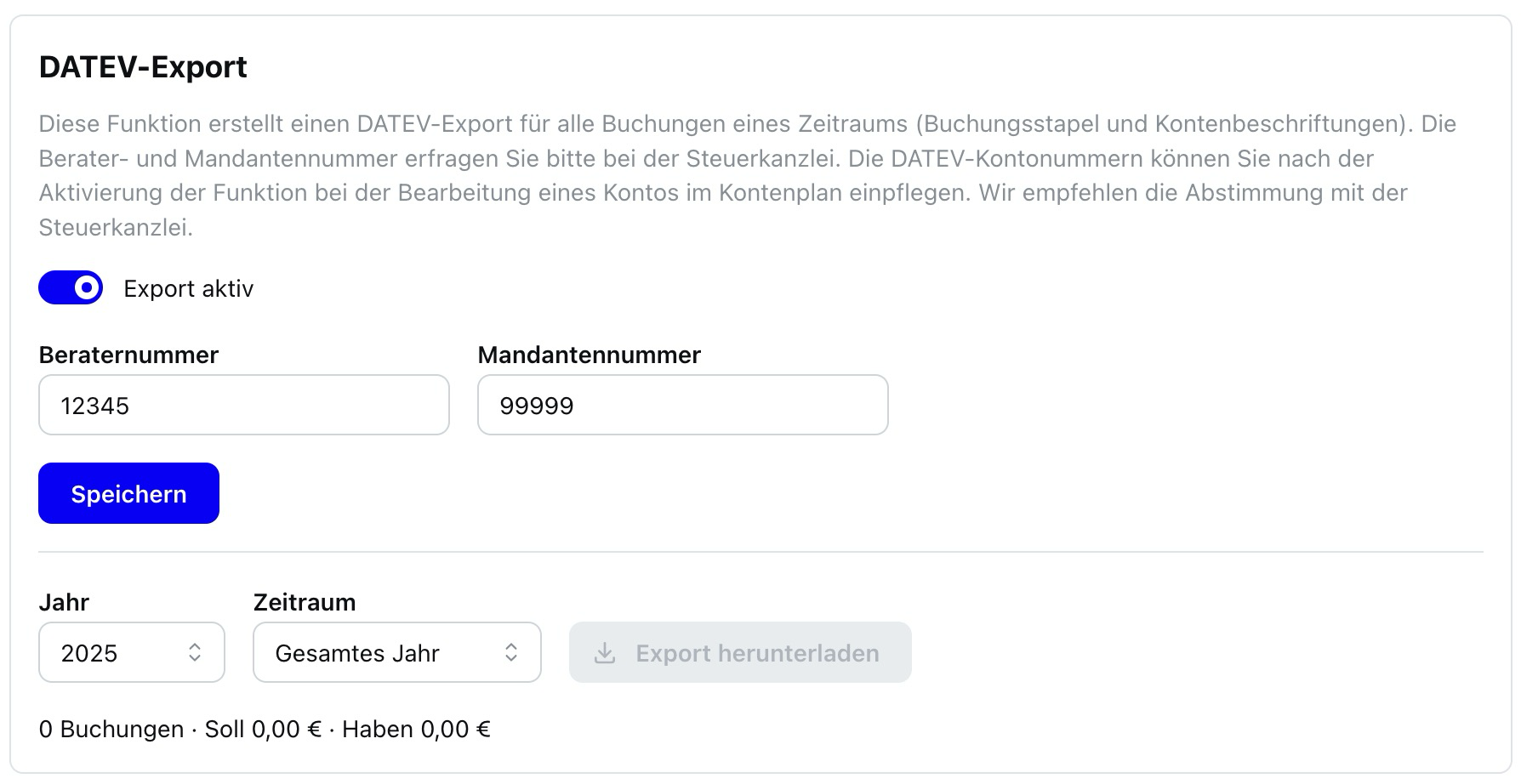 Die Karte „DATEV-Export“ mit Nummern und Download-Bereich