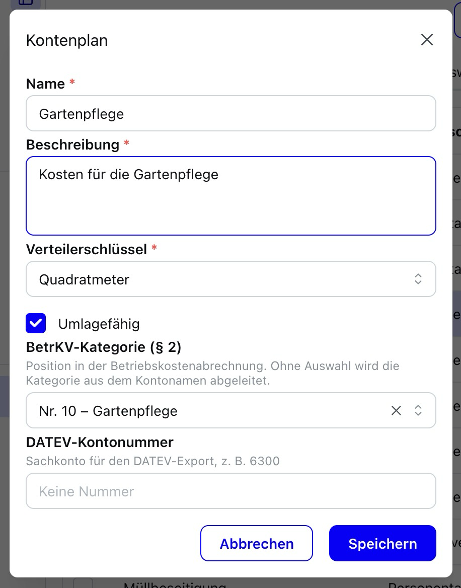 Konto im Kontenplan bearbeiten — Feld „DATEV-Kontonummer“