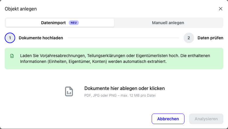 Datenimport beim Anlegen eines Objekts