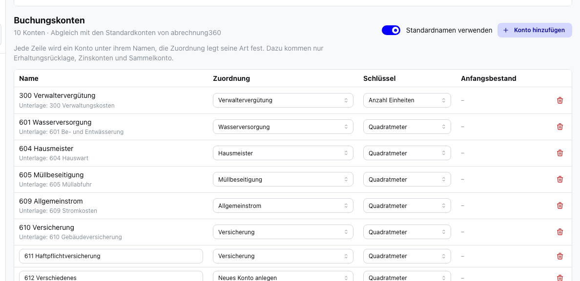 Buchungskonten mit Zuordnung und „Standardnamen verwenden“