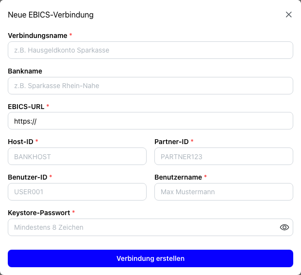 Dialog für eine neue EBICS-Verbindung
