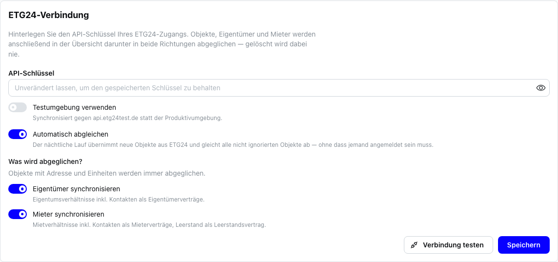 Die Einstellungsseite „etg24“ in Abrechnung360 mit eingefügtem API-Schlüssel
