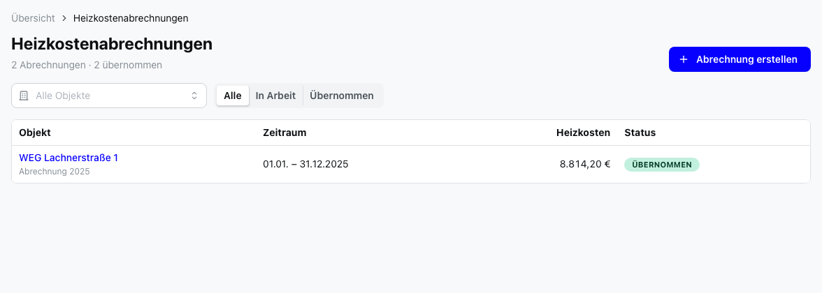 Übersicht der Heizkostenabrechnungen