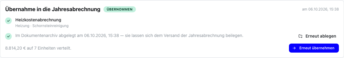 Übernahme in die Jahresabrechnung