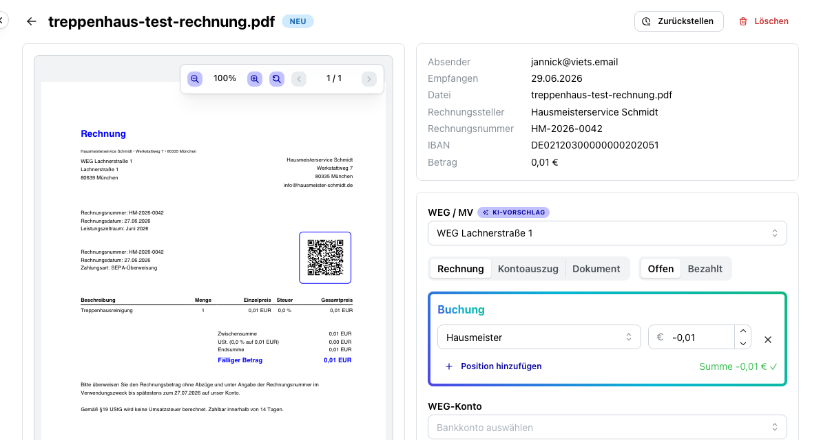 Detailansicht mit KI-Auslesung und Zuordnung
