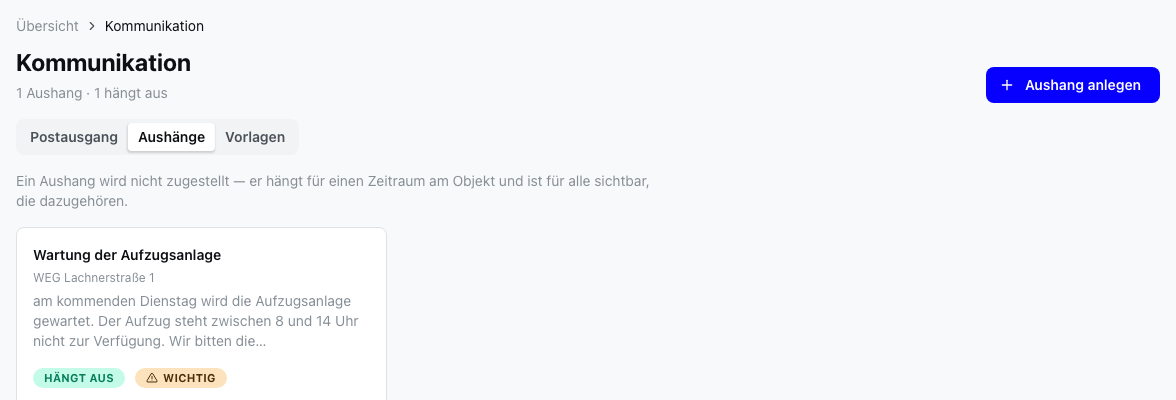 Aushänge mit Status je Aushang