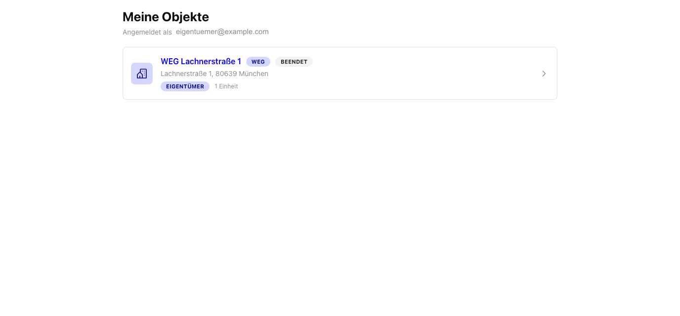 Startseite „Meine Objekte“ im Kundenportal