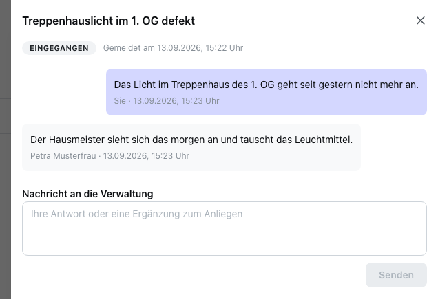 Verlauf eines Anliegens mit der Antwort der Verwaltung