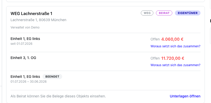 Portalsicht eines Beiratsmitglieds