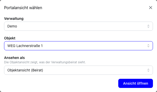 Verwaltung, Objekt und Blickwinkel wählen
