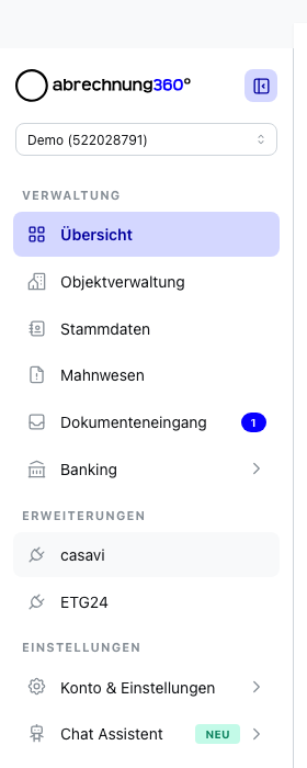 Die Navigationsleiste mit den drei Abschnitten