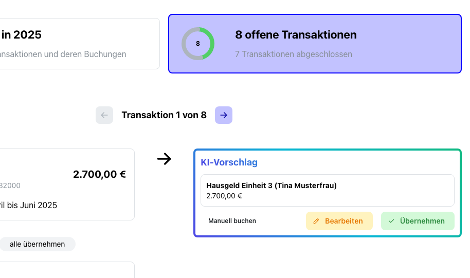 Buchungsansicht mit Transaktion und KI-Vorschlag