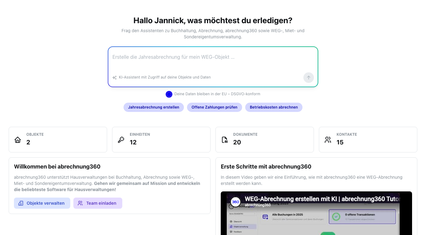 Startseite mit Kennzahlen und KI-Assistent