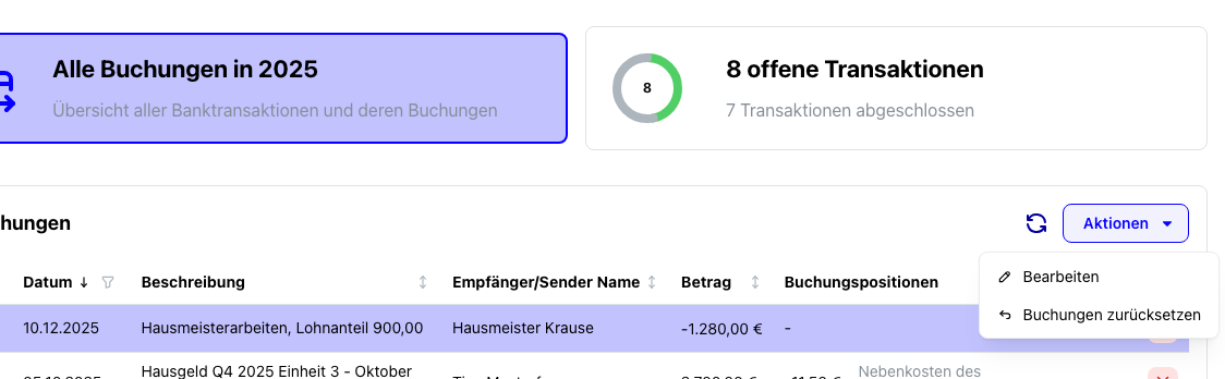 Buchungen zurücksetzen