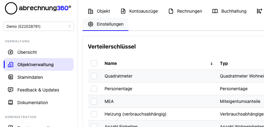 Verteilerschlüssel in den Einstellungen