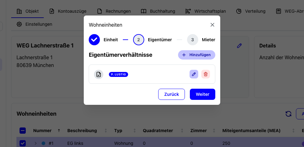 Eigentumsverhältnisse im Einheiten-Editor