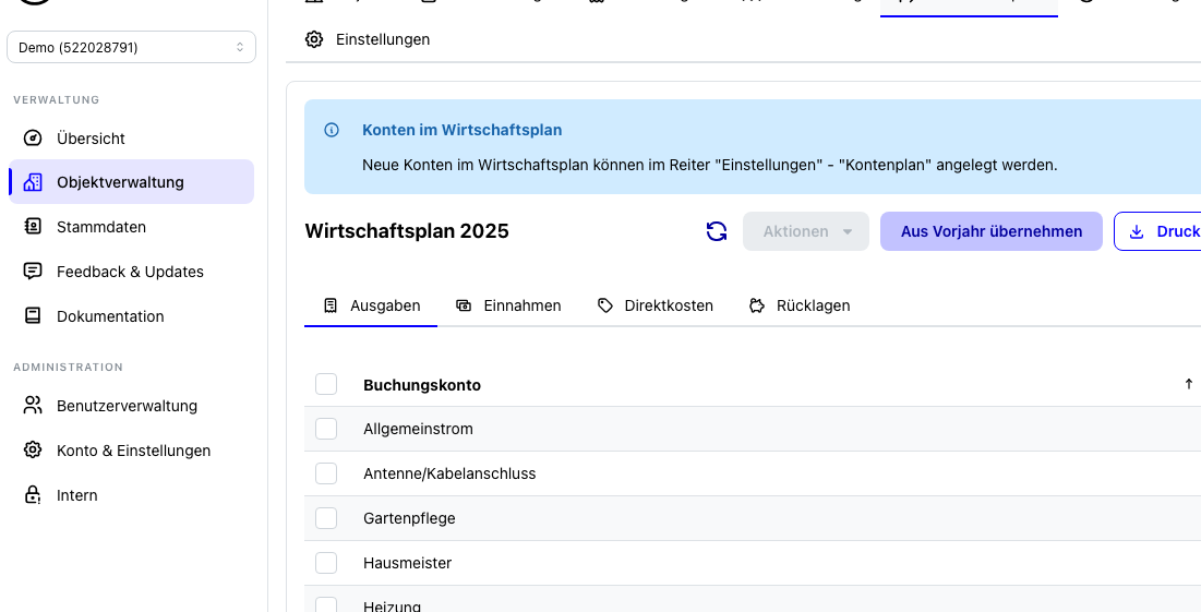 Wirtschaftsplan in Abrechnung360