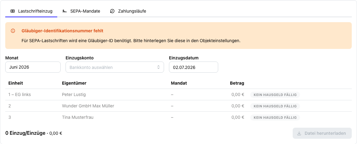 Lastschrifteinzug in der Registerkarte Bank