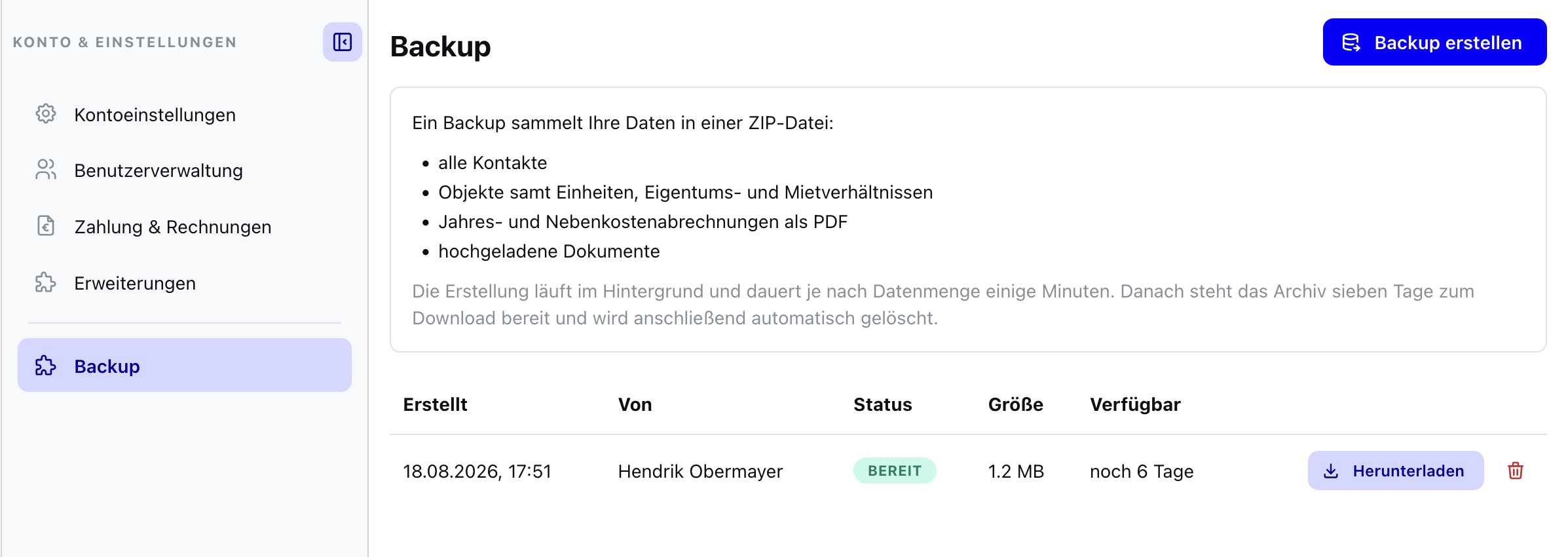 Die Seite „Backup“ mit der Schaltfläche „Backup erstellen“ und der Liste der erstellten Archive