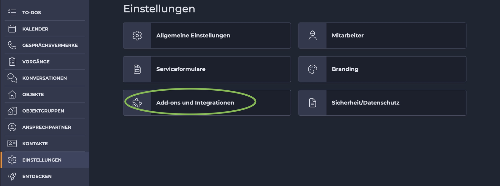 ETG24-Einstellungen mit der Kachel „Add-ons und Integrationen“