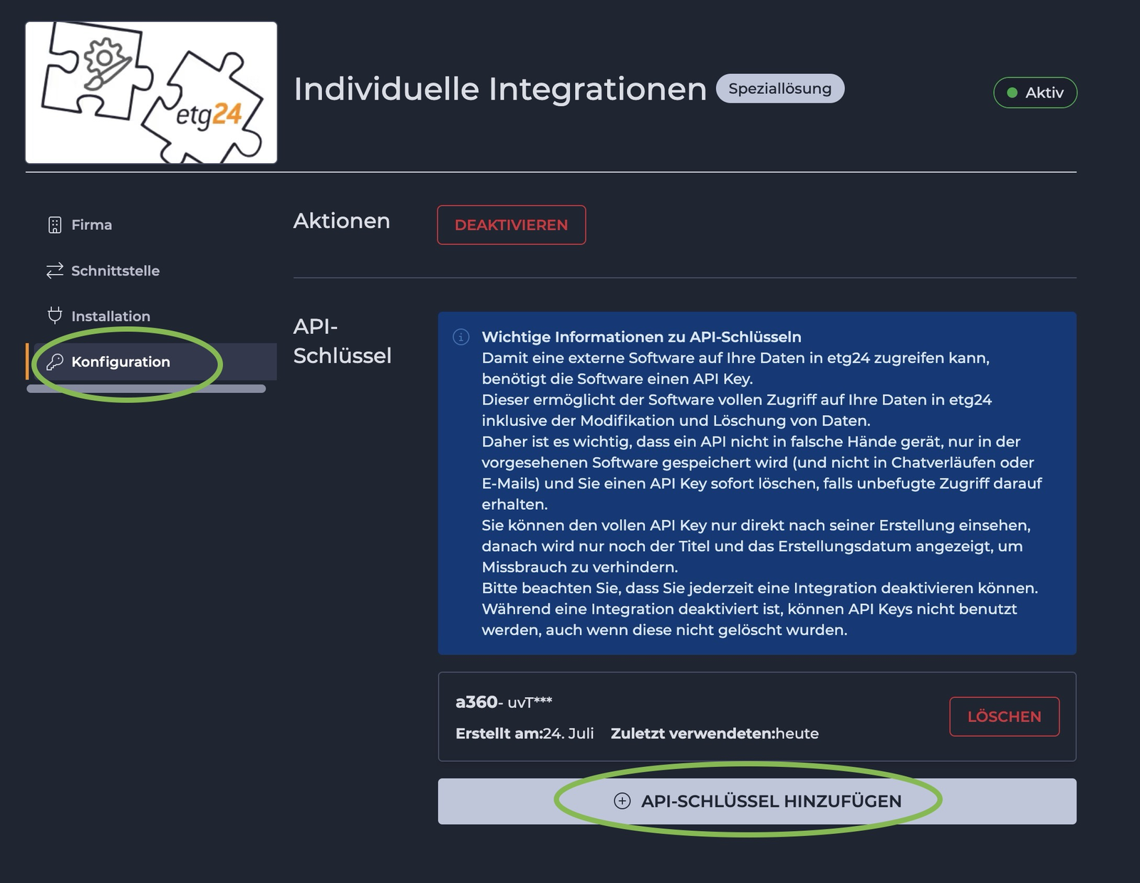 Der Bereich „Konfiguration“ mit der Schaltfläche „API-Schlüssel hinzufügen“