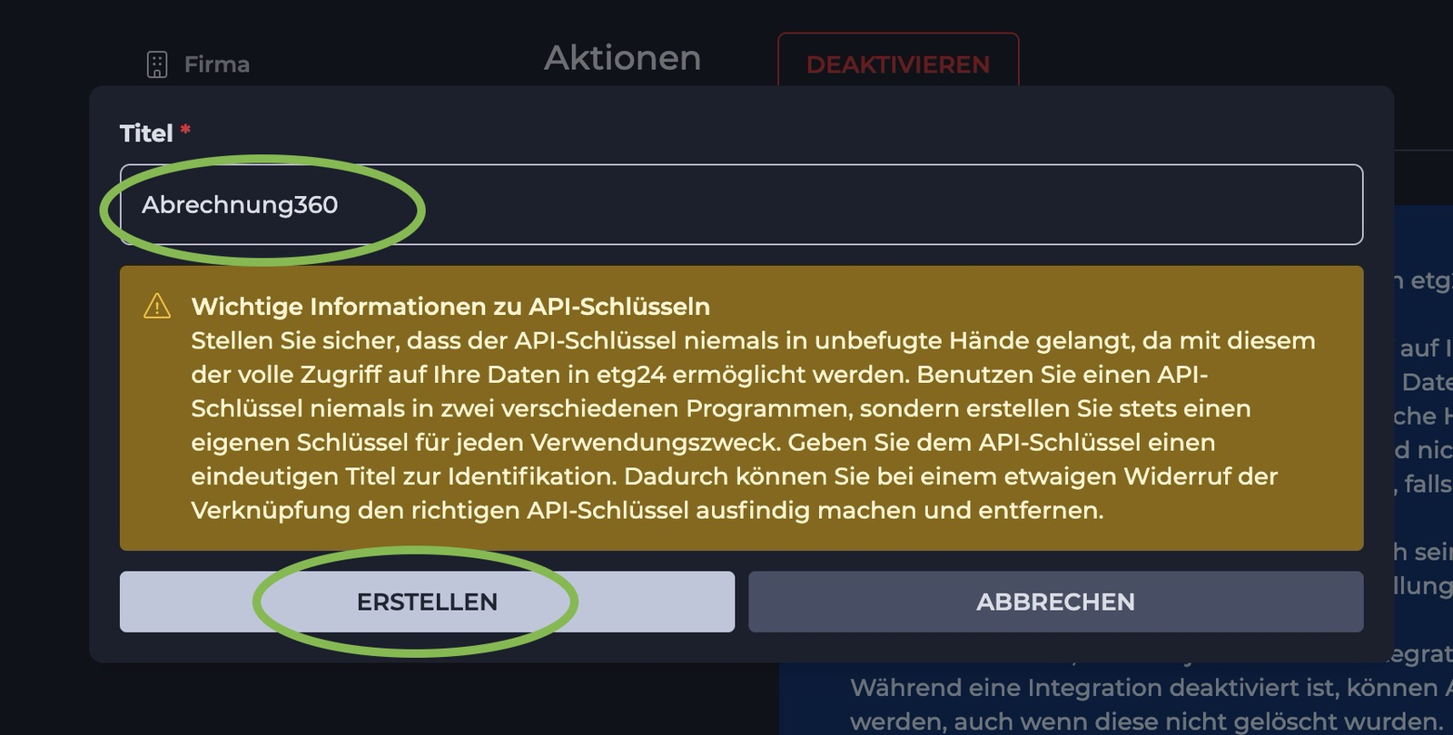 Dialog zur Vergabe des Titels „Abrechnung360“ für den neuen API-Schlüssel