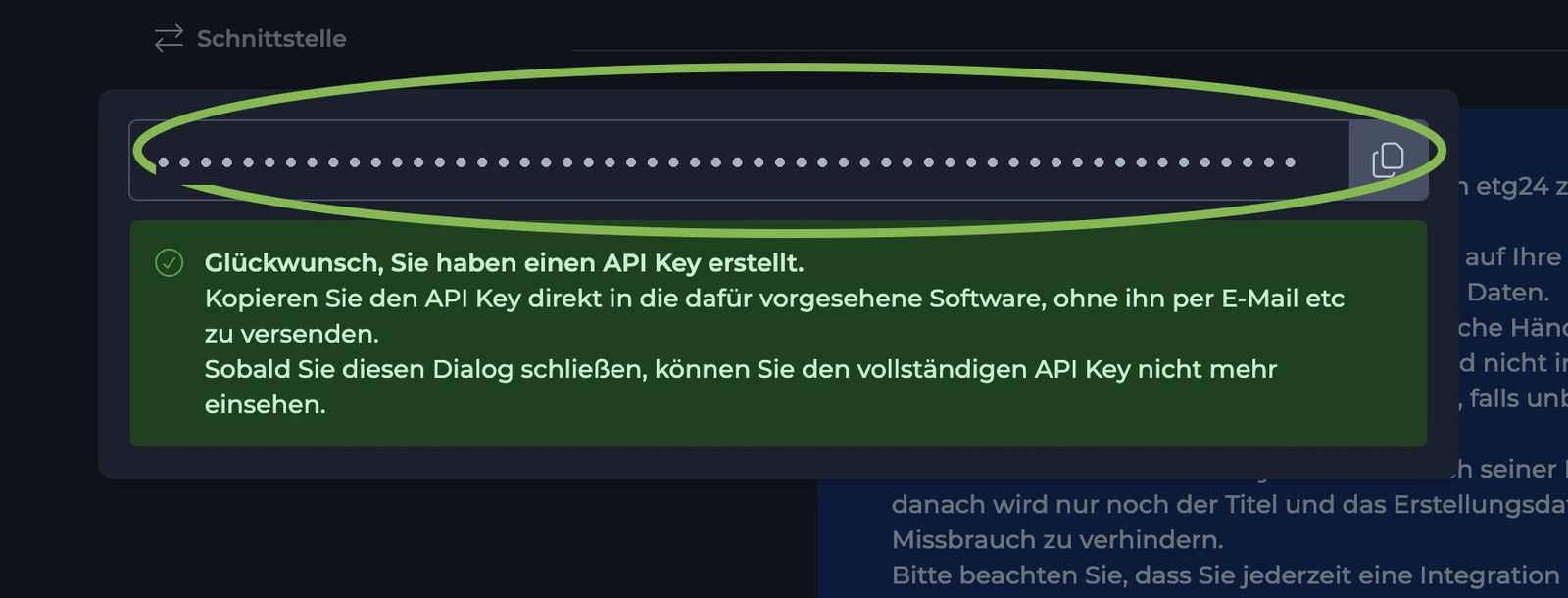 Der neu erstellte API-Schlüssel mit der Schaltfläche zum Kopieren