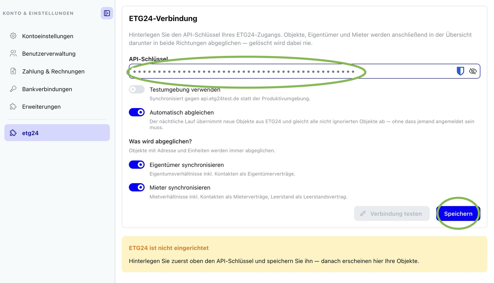 Die Registerkarte „etg24“ in Abrechnung360 mit eingefügtem API-Schlüssel
