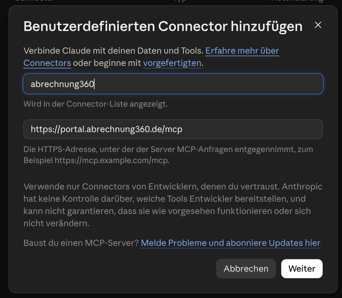 Der Dialog mit dem Namen „abrechnung360“ und der eingetragenen Serveradresse