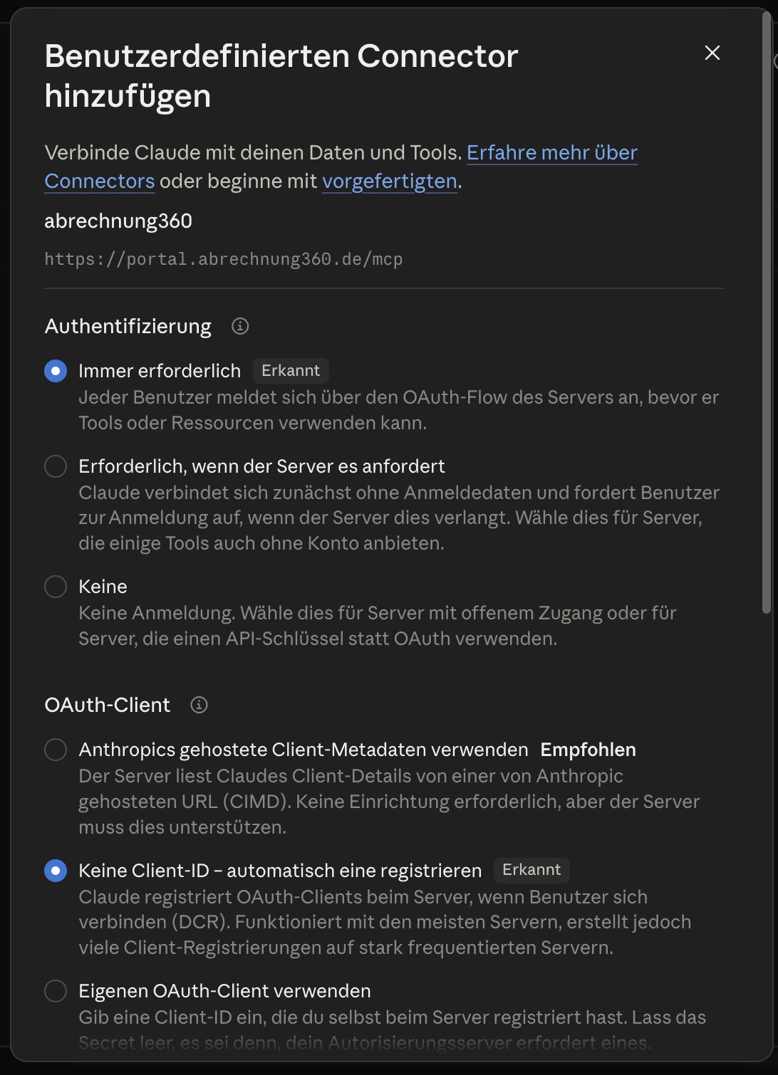 Die erkannten Einstellungen zu Authentifizierung und OAuth-Client